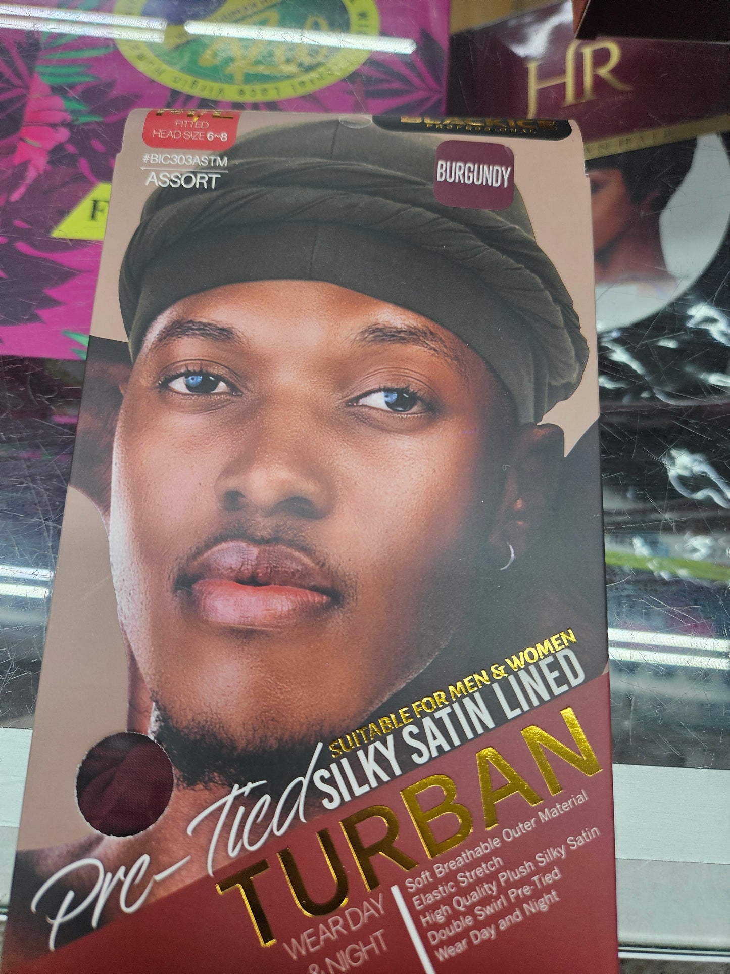 Black ice pre tied silky satin lined turban med