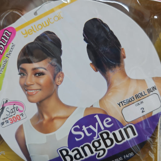 Roll bun and swept bang