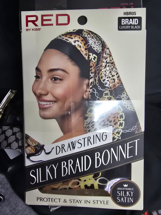 Red drawstring silky braid bonnet